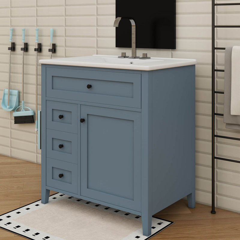 30-Inch Independent Bathroom Vanity With Sink, 3 Left-Side Drawers, Right Cabinet With Adjustable Shelves, Blue Gray