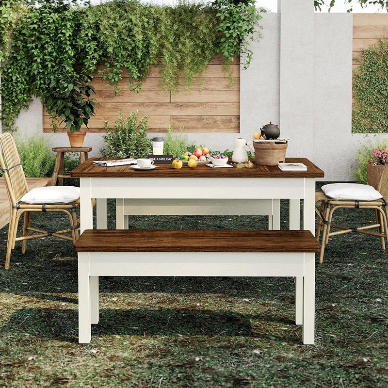 Ensemble de table de salle à manger pour 4 personnes, petites chaises de cuisine de style maison de campagne compactes, meubles de cuisine et de salle à manger compacts 3 pièces avec 2 bancs en bois