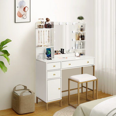 Meuble-lavabo lumineux à DEL avec prises de courant et ports USB, coiffeuse moderne avec tabouret, miroir 3 couleurs, tiroirs et armoire de rangement, or blanc