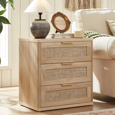 Rattan Night Stand with Drawers, 23" Large 3 Drawer Boho Nightstand, Bedside Table Storage Cabinet, Bed Side End Tables Dresser for Bedroom, Living Room, Hallway, Closet