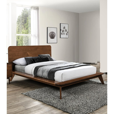 Lit plateforme en bois massif de couleur noyer, tête de lit à panneau de style Mid-Century, pieds inclinés fuselés, lit moderne en bois avec matelas