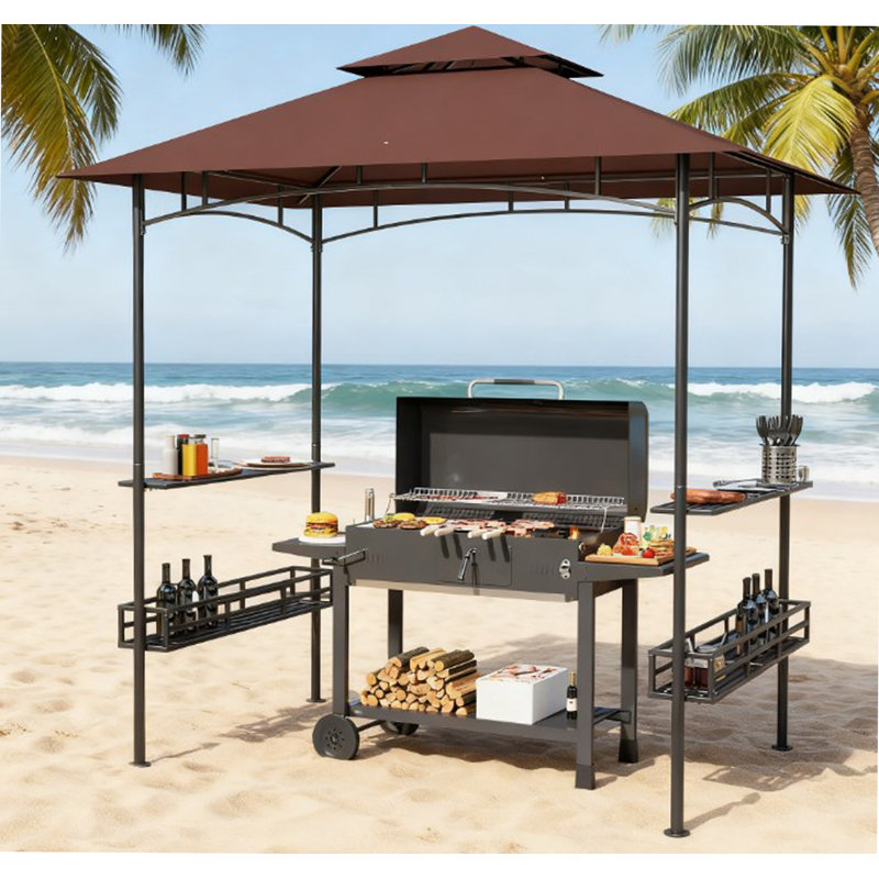 Pavillon de jardin extérieur à 2 niveaux pour barbecue, pavillon de barbecue pour barbecue, avec 2 tablettes latérales, paniers de rangement, crochet de plafond