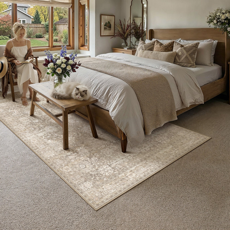Tapis beige / brun / bleu Aurelia, Beige, Rectangle 5'x 7'