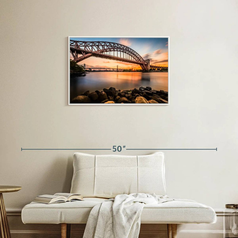 Pont Triboro au coucher du soleil, Cadre flottant blanc, 31 po x 21 po