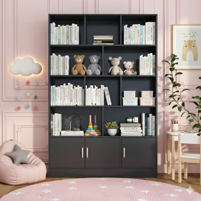 70.87-Inch Tall Bookshelf With 10 Cube Compartments And 3 Doors, Four-Tier Bookshelf, Open Shelf Bookcase With Cabinet, Modern Cube Storage Organizer For Living Room And Office