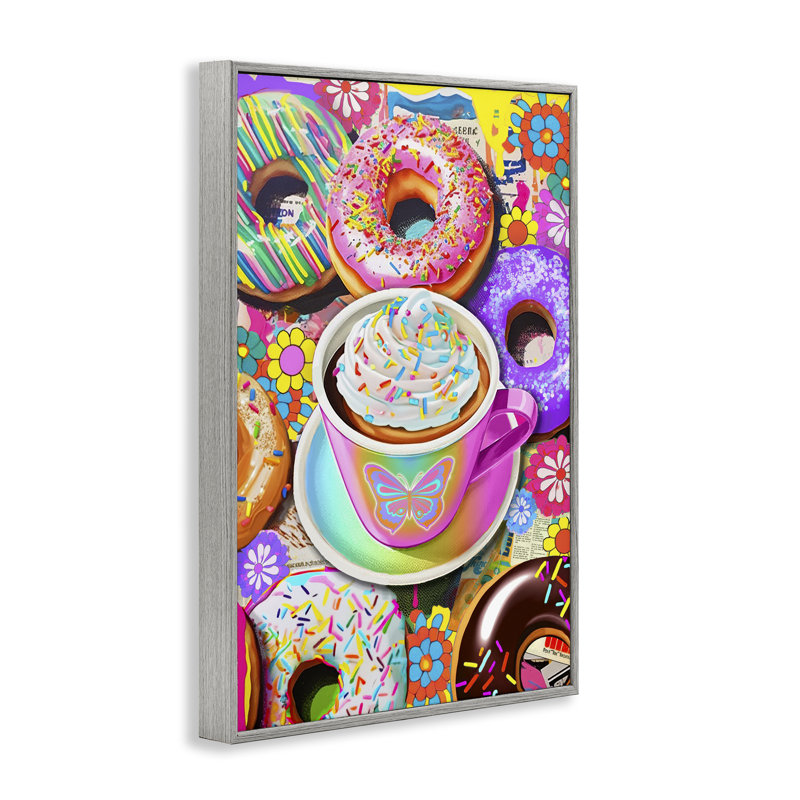 «Pastel Donuts & Coffee Cup», art de la giclée encadrée par Jess Stempel, H 24 po x l 16 po, Estampe numérique Farmhouse