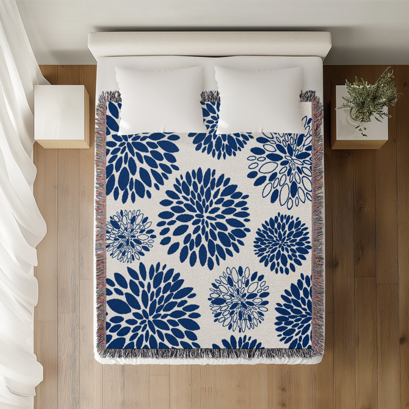 Jeté floral en coton, Marine, 60 po x 80 po