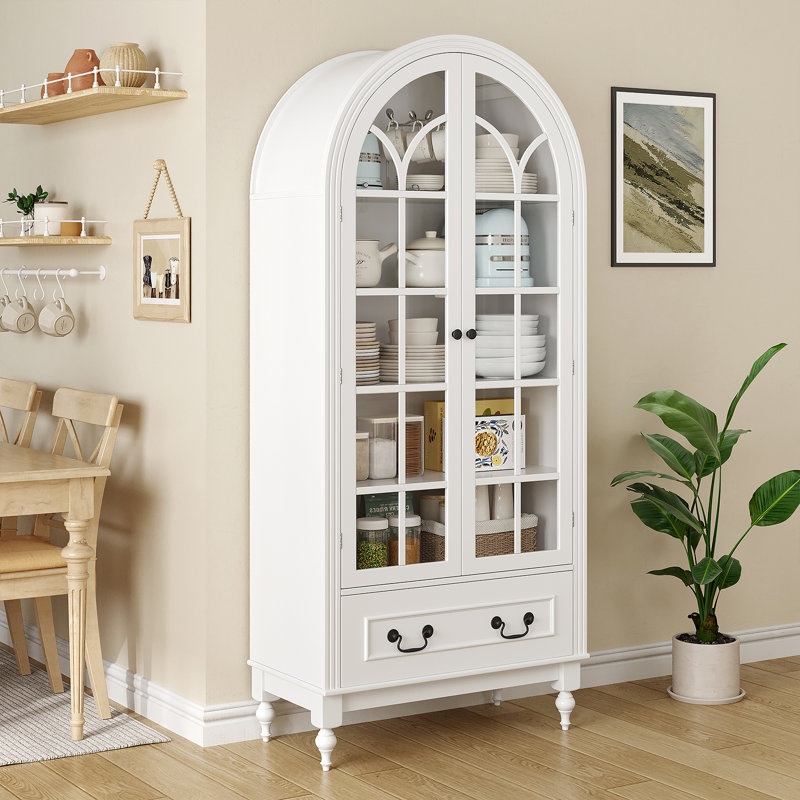 Vitrine cintrée de 170 cm avec portes vitrées, vaisselier de style campagnard avec étagères ajustables et tiroir