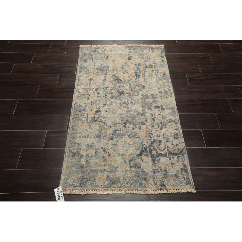 Tapis transitionnel Oushak gris en laine noué à la main 2 pi 11 po x 4 pi 8 po