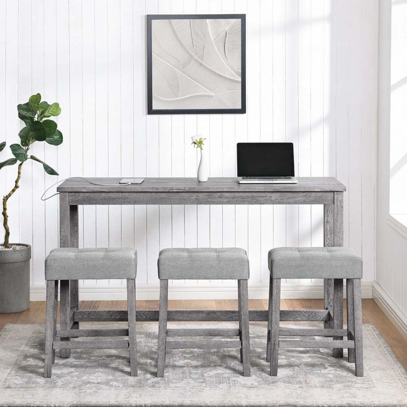 Bar Table Set with Power Outlet, Bar Table and Chairs Set, Gray