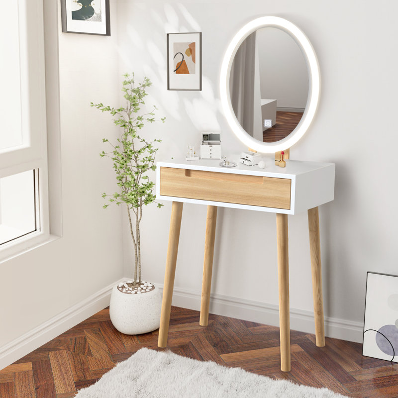60cm Desktop Dressing Table With Led Lighted Mirror, Makeup Vanity Desk With Stool and Drawer, Beige