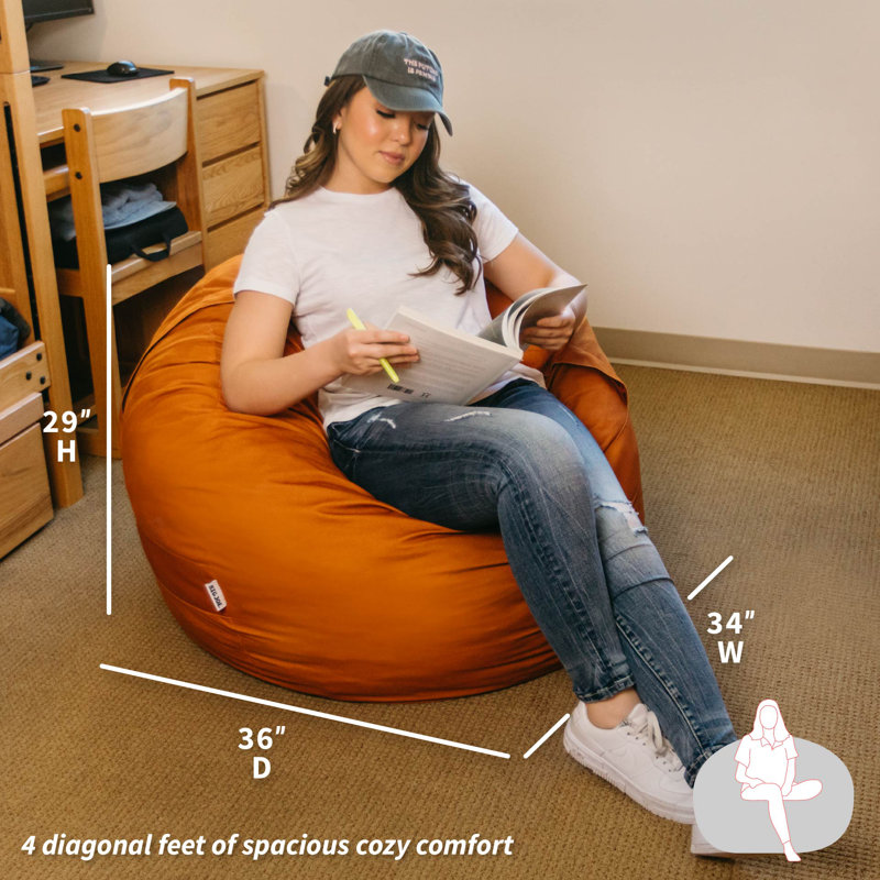 Big Joe Fuf Foam Bean Bag Chair with Removable Cover for Kids, Teens, Collegiate Burnt Orange Velveteen, Durable Woven Polyester, Large Reading and Gaming Seat
