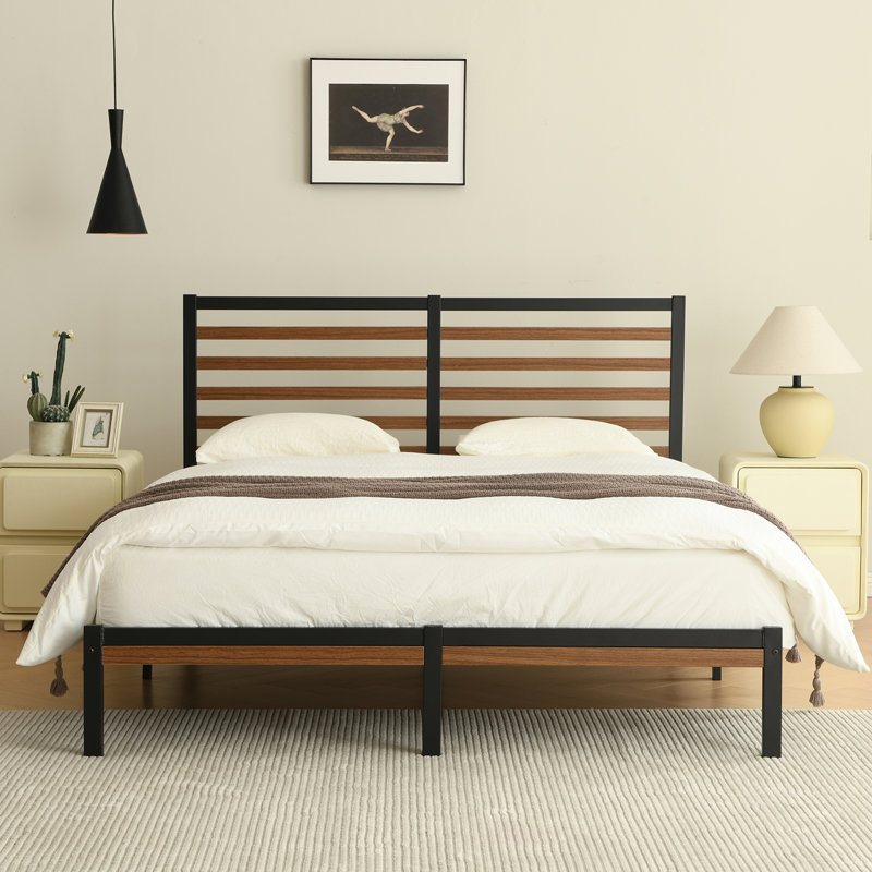 Orv Metal Platform Bed with Middle Wooden Slat Headboard, Queen