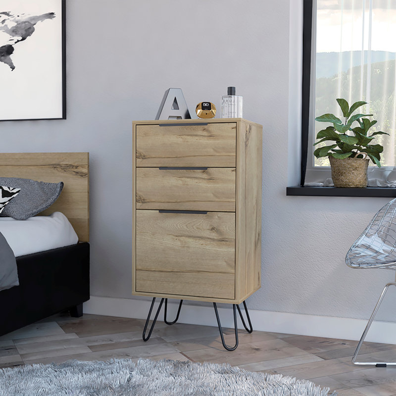 Commode légère Skyoner, pieds en épingle à cheveux, plateau supérieur, trois tiroirs, Beige