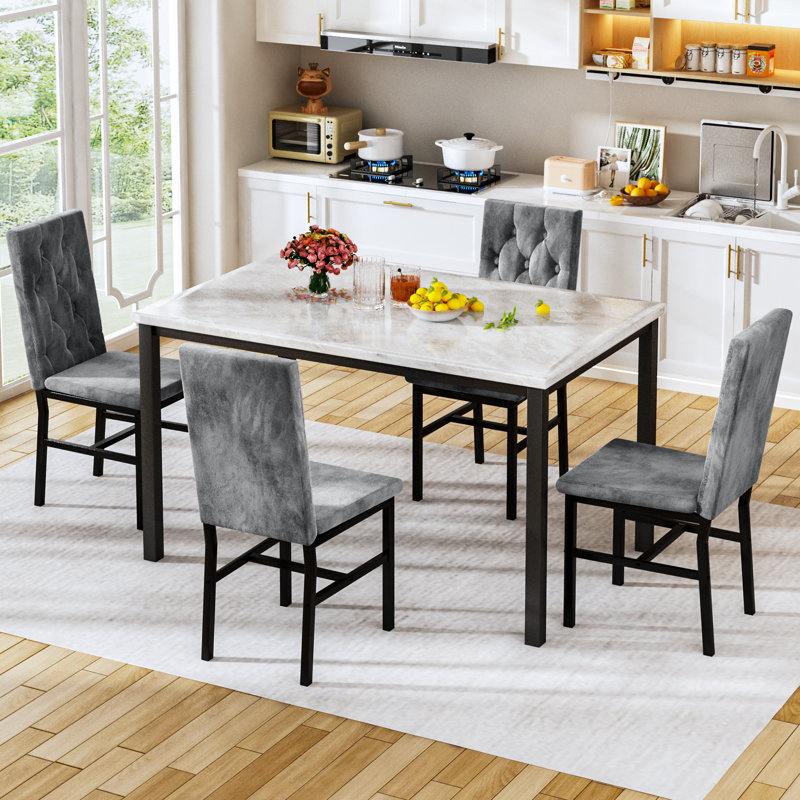 Ensemble de table de salle à manger 5 pièces avec luxueuses chaises capitonnées à boutons, ensemble de table et chaises de salle à manger de cuisine moderne, ensemble de table de salle à manger pour petit salon