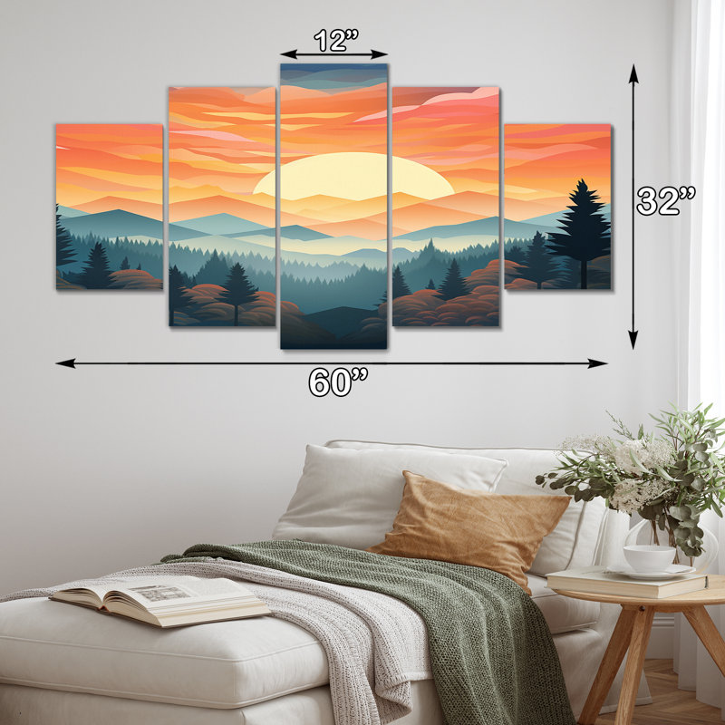 Mountain Forest Daydream's Peaceful Sunset - Paysage de montagnes, art mural, salon - 5 panneaux