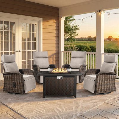 7-Piece Patio Fire Pit Conversation Set with Swivel Recliner Chair, Outdoor Sofa Seating Sets with Blue Cushions