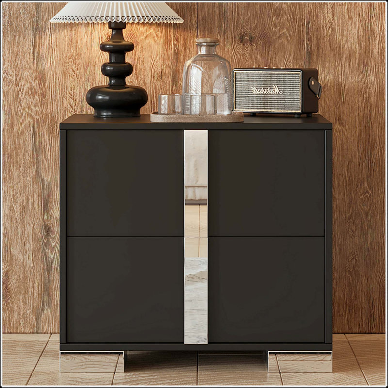 Table de chevet à miroir haute brillance avec 2 tiroirs et pieds en métal - noir, Noir