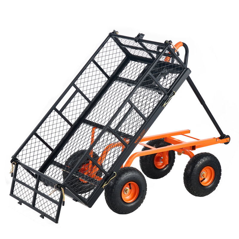 Heavy Duty Black and Orange Steel Garden Dump Cart with Adjustable Handle