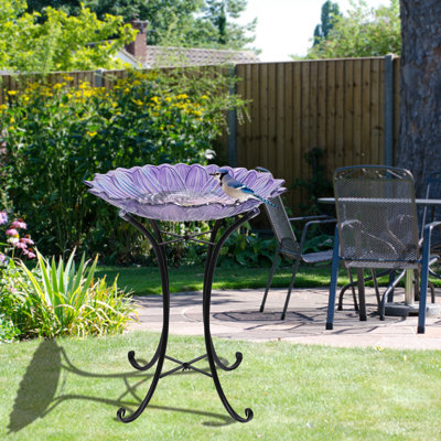 Bain d'oiseaux extérieur, bain d'oiseaux à fleurs mauves avec support en métal, oiseaux attrayants, décoration de jardin de patio, décoration extérieure