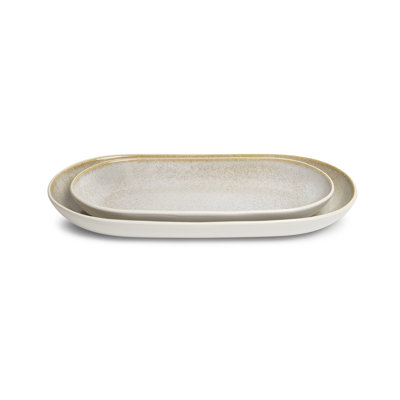 Sango Anderson Cream Serving Platters Set Of 2, 12" & 14" Stoneware Platter, Microwave & Dishwasher Safe
