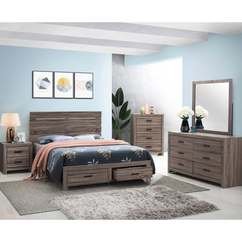 Grand lit de rangement avec tête de lit à lattes, deux tiroirs spacieux et une finition en chêne sur bois d'ingénierie pour panneau de décoration de chambre à coucher - naturel