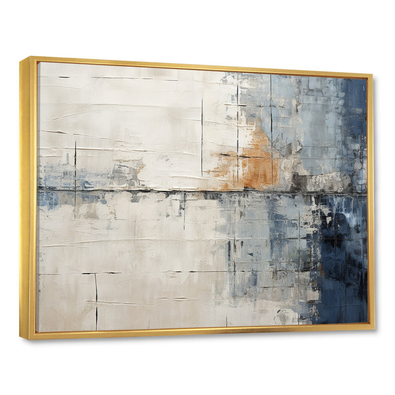 «Abstract Blue Beige Road Collage II», art mural abstrait, Cadre flottant doré, H 24 po x l 32 po x P 1 po
