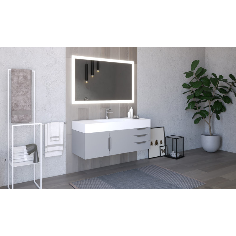 Meuble-lavabo mural simple 48 po avec comptoir à surface solide 48 po, Blanc, Gris, Nickel brossé