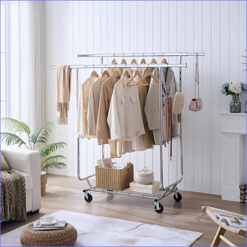 Porte-vêtements à double suspension avec tablettes, capacité de 800 lb, pliable et roulant | Argent | Fer