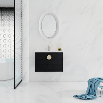 Meuble de salle de bain 24 po en châtaignier noir, meuble-lavabo mural avec lavabo moderne, pouces, appréciation, vaste choix de rangement à respecter, lavabo en céramique élégant et poignée en métal