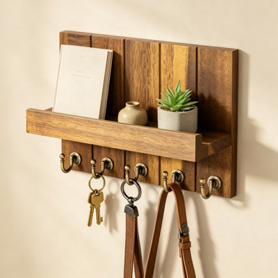 Wall Mounted Key Holder with Shelf for Entryway, Mail Organizer and Coat Hook Rack, Rustic Farmhouse Decor for Home Office