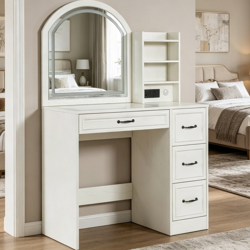 Meuble-lavabo moderne en relief, coiffeuse moderne avec miroir éclairé et 4 tiroirs, Blanc