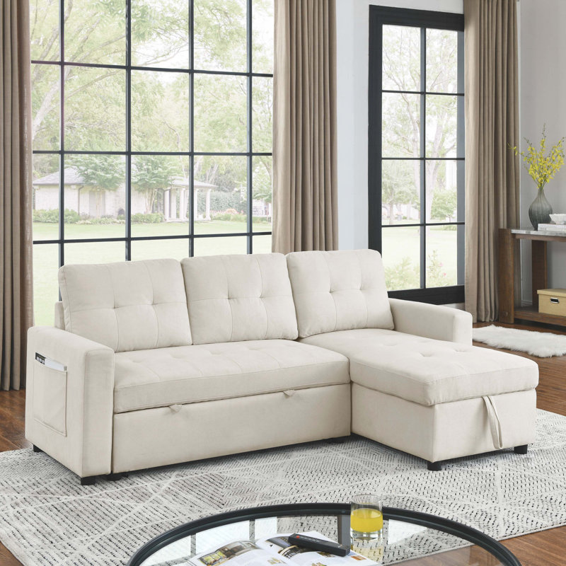 78.5" Sleeper Sofa Bed Reversible Sectional Couch with Storage Chaise and Side storage, Beige
