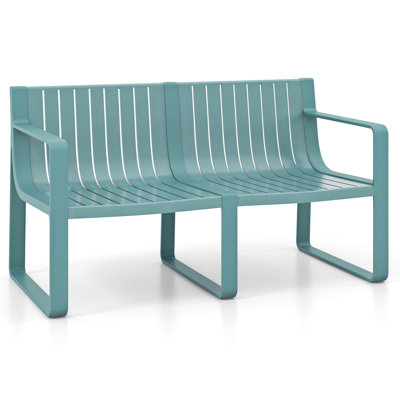 Patio Loveseat 2-Person Bench w/ Curved Backrest Slatted Design for Backyard Blue by Ebern Designs