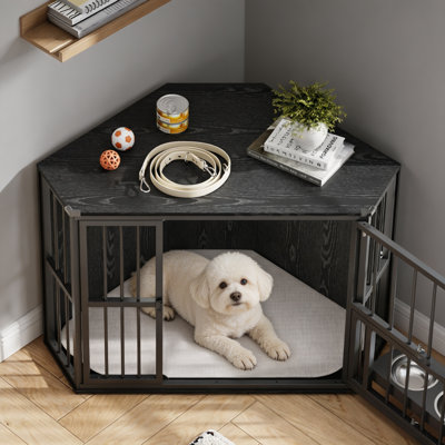 Space-Saving Corner Dog Crate Furniture – Wooden Indoor Kennel End Table with 360° Rotating Door, Stainless Steel Feeding Bowls, Decorative Design for Small Breeds, Black Relief + Black Iron Frame