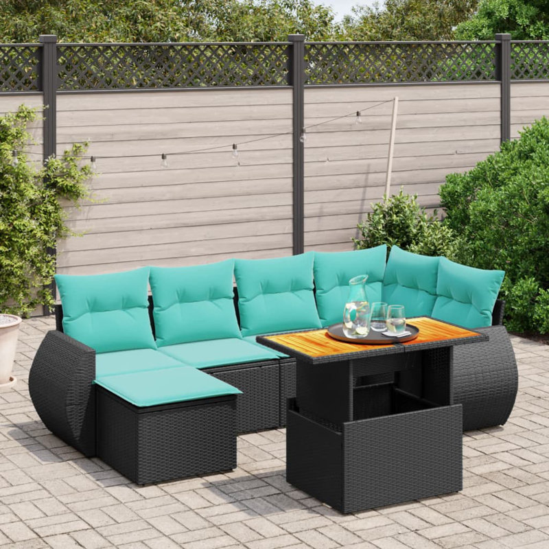 Ensemble de canapé de patio 7 pièces avec coussins en rotin de polyester, Noir, Vert