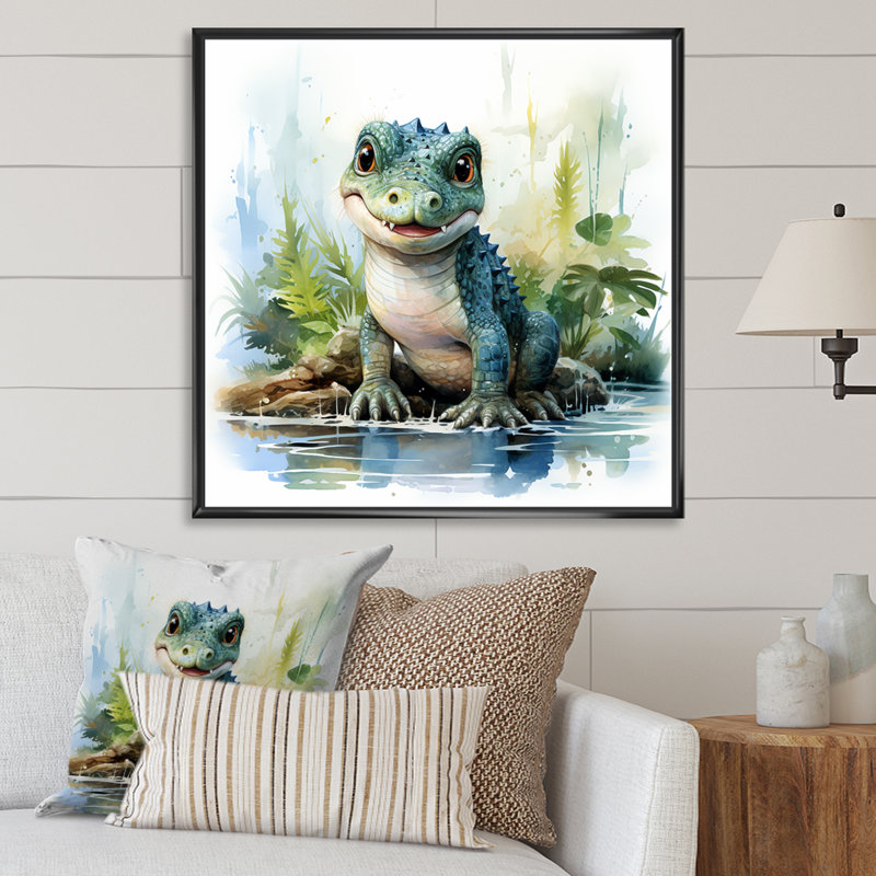 «Green Crocodile Pond Adventures 1» - art mural alligator / crocodile, Cadre flottant noir, H 16 po x l 16 po x P 1 po