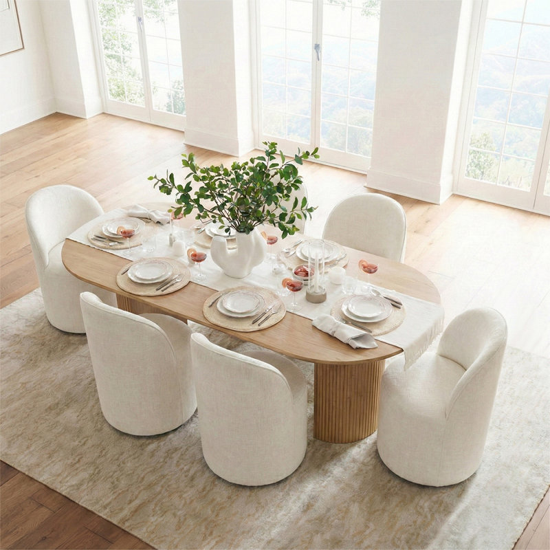  6 - Person Dining Table Sets With Oval Table & 6 Upholstered Chairs, Beige, Oak
