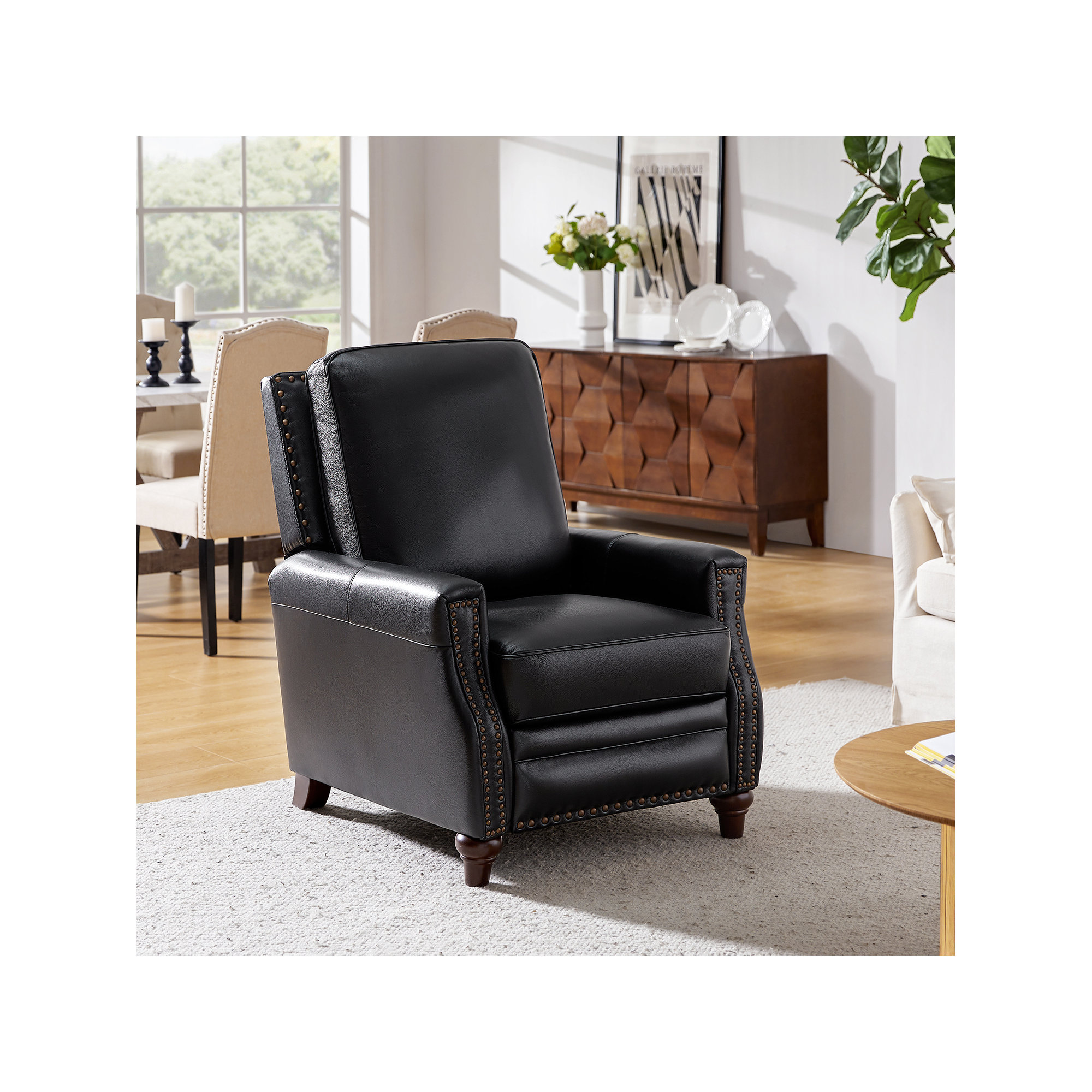 Andrena Genuine Leather Recliner with Nailhead Trim, Black Genuine Leather