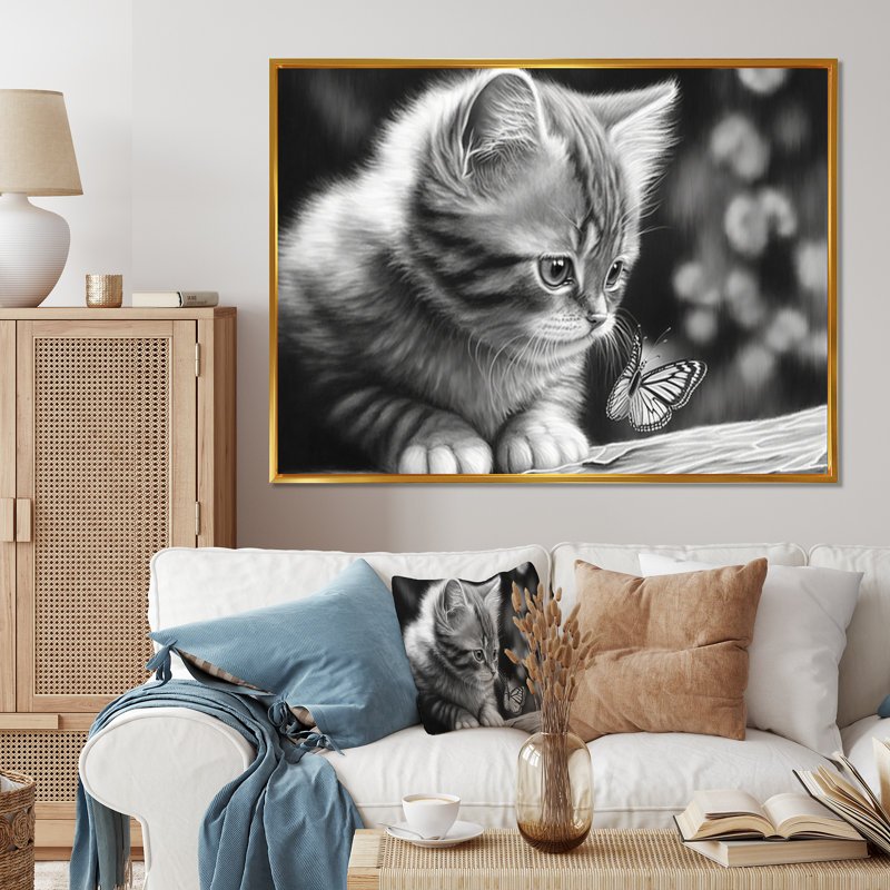 Monchrome, dessin numérique du petit chaton - reproduction sur toile, H 34 po x l 44 po x P 1,5 po, Cadre flottant doré
