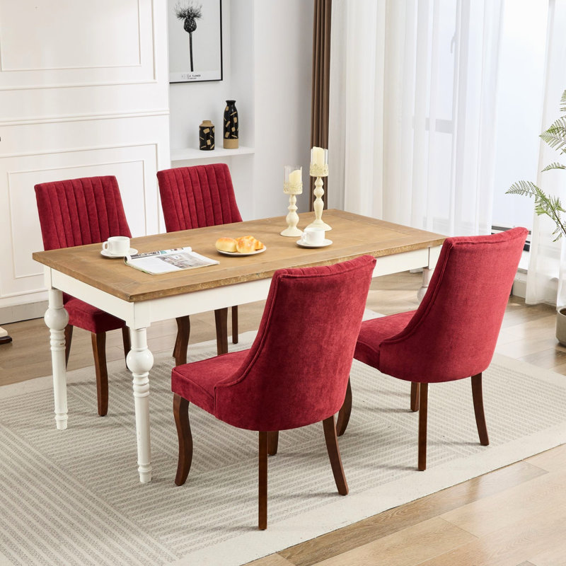 Chaises de salle à manger en lin et tissu rayonne rouge bordeaux, pieds en bois massif incurvés, assise confortable, ensemble de 2 chaises rembourrées, lin, couleur