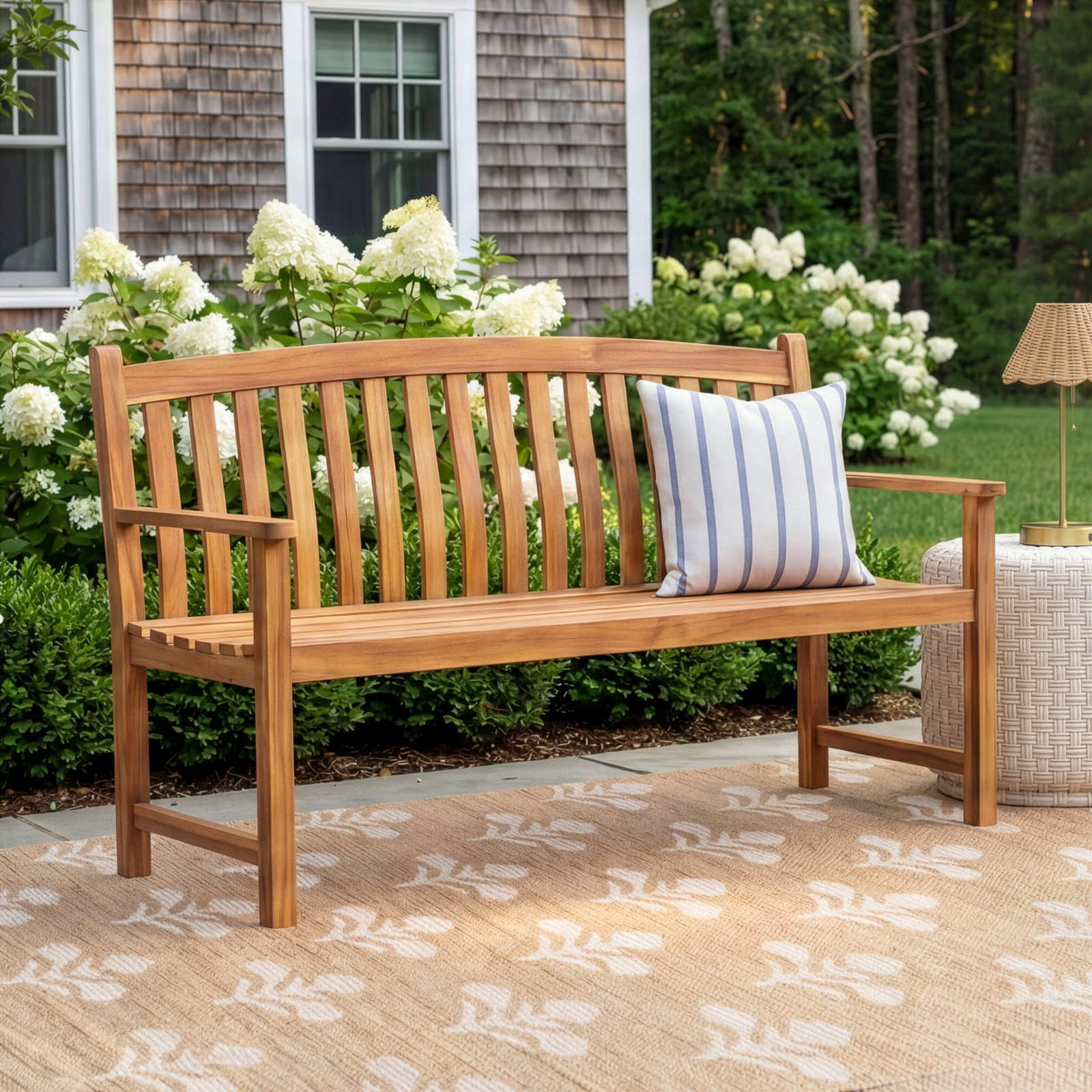 Acacia Wood Outdoor Bench with Curved Backrest and Armrests