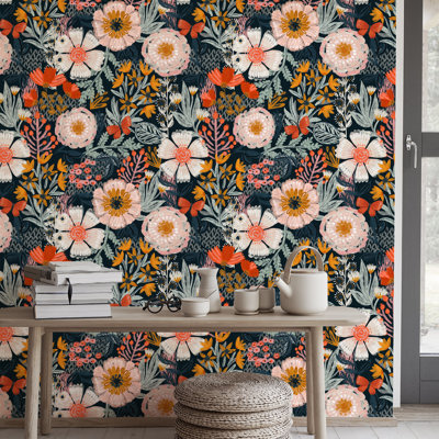  Boho Peel and Stick Wallpaper Floral Wall Paper Removable for Bedroom Navy/Pink/Orange Contact Paper 17.3in x 32.8ft