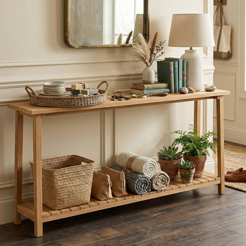Table de canapé de style campagnard à 2 niveaux, structure en bois de teck naturel et tablette de rangement ouverte robuste, convenant au salon et au vestibule