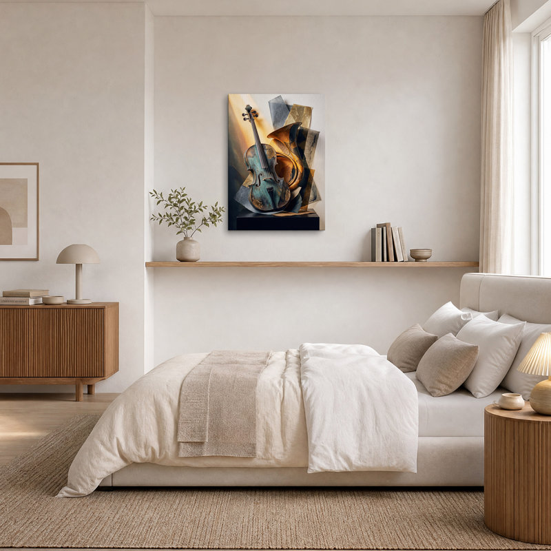 Toile abstraite sarcelle violon et cor français, H 36 po x l 24 po