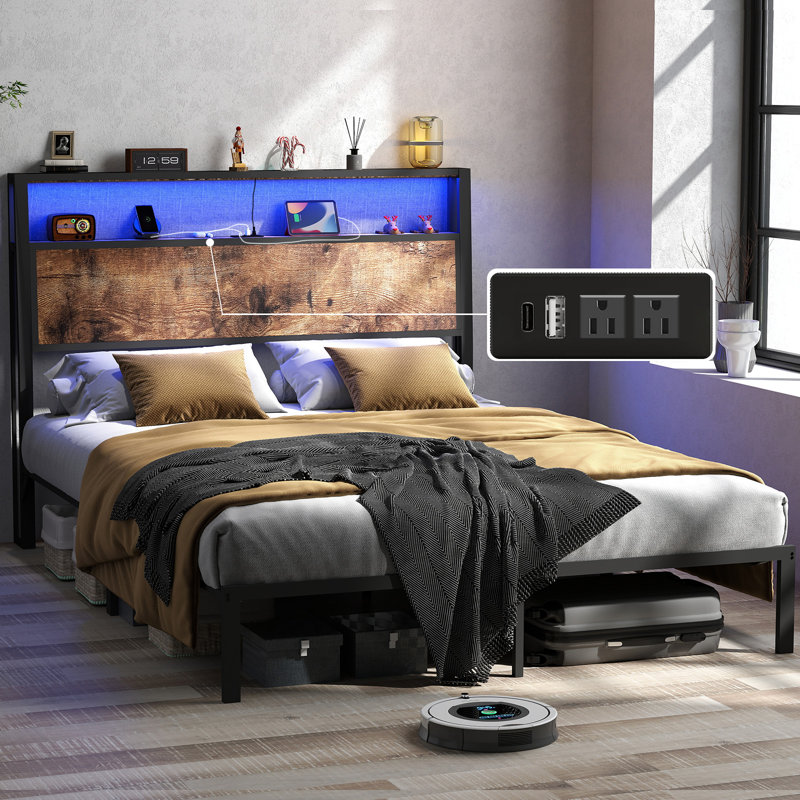 Bed Frame with 2-Tier Storage Headboard, Platform Bed with LED Lights and Charging Station, Underbed Storage Space, Queen