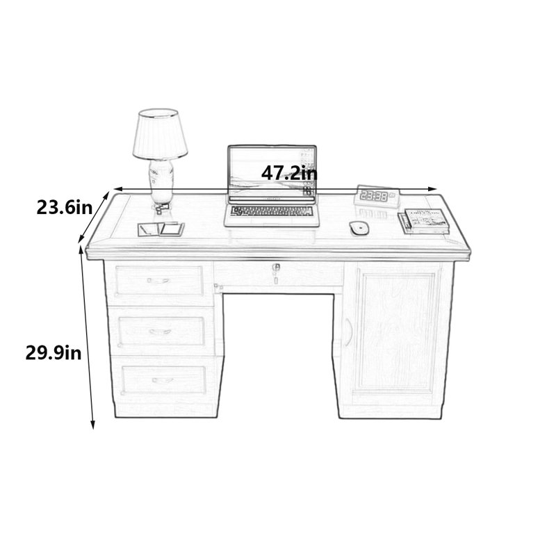 Bureau en bois d'hévéa massif importé, H 29,9 po x l 47,2 po x P 23,6 po