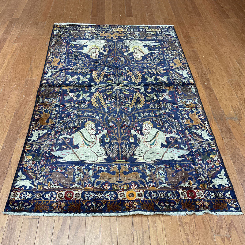 Tapis unique en laine noué à la main nouvel âge en bleu / gris / beige / brun