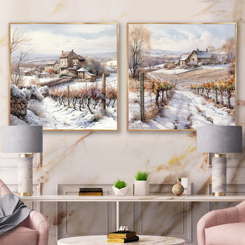 «Le charme du vignoble en hiver», 2 pièces, Encadrement doré, H 36 po x l 73 po