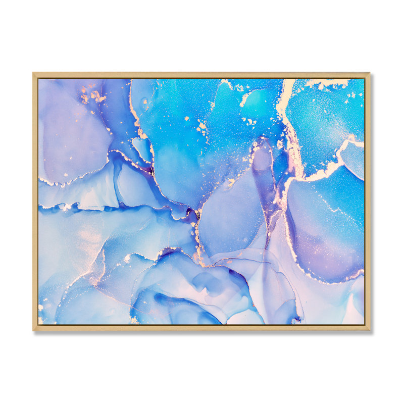 " Light Blue Abstract Liquid Ink Art ", Brown Floater Framed, 34" H x 44" W x 1.5" D